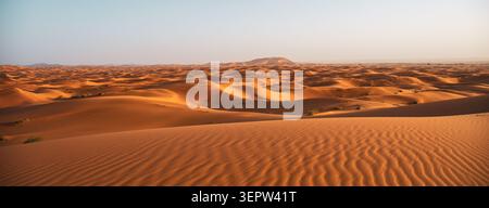 Besucher spazieren über weite Sanddünen in Erg Chebbi, Marokko. Die Sonne untergeht über der Sahara, wirft lange Schatten und hebt die Wellen im Sand hervor. Stockfoto