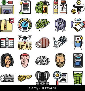 Vielfältige Sammlung von Liniensymbolen, die verschiedene Konzepte veranschaulichen, darunter Unternehmen, Technologie, Finanzen, Bildung, Medizin, Wissenschaft, Landwirtschaft und Stock Vektor