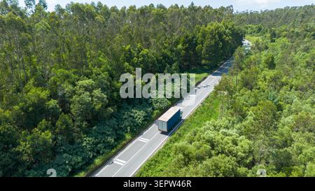 Lkw, der Güter entlang einer kurvenreichen Straße, umgeben von üppigen Bäumen, aus der Vogelperspektive transportiert Stockfoto