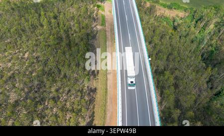 Lkw fährt auf einer modernen Autobahnbrücke, umgeben von üppig grünen Wäldern, Logistikkonzept Stockfoto