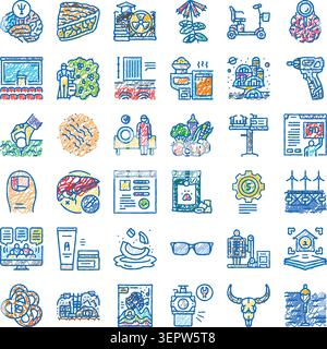 Symbole, die verschiedene Themen von Wissenschaft und Technologie bis hin zu Lebensmitteln und Medizin illustrieren, gezeichnet in einem farbenfrohen Scribble-Stil, perfekt für verschiedene Designprojekte Stock Vektor