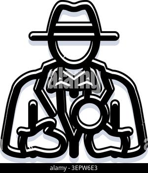 Detektivfigur mit Fedora und Lupe, die nach Hinweisen sucht und Rätsel löst, symbolisiert Untersuchung, Forschung, Analyse, Sicherheit Stock Vektor