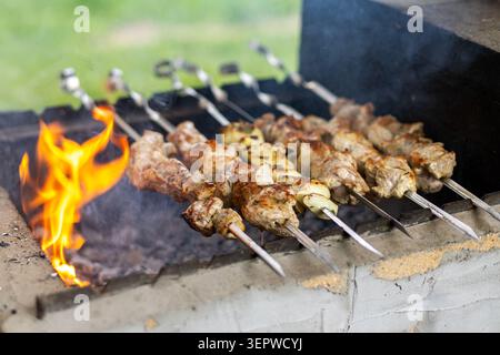 Grillspieße über offenem Grill. Metallspieße mit gegrilltem Fleisch und Zwiebeln kochen über rauchiger Holzkohle neben hellen orangen Flammen in an Stockfoto