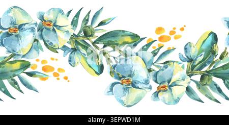 Blumenrand in Aquarellfarben mit blauen exotischen Blumen und grünen tropischen Blättern. Handgezeichnetes botanisches Muster für Sommer-Design. Dekoelement für Stockfoto