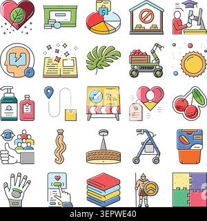 Sammlung von diversen Line Art Icons, die eine breite Palette von Konzepten veranschaulichen, einschließlich Naturgesundheit, Finanzdaten, Bildung, Logistik, Lebensstil, Stock Vektor