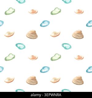 Nahtloses Muster mit Muscheln in Aquarellen und blauen und grünen Glaskieseln. Handgemalte Abbildung. Mediterraner Küstenstil. Für Hintergrundbilder DE Stockfoto