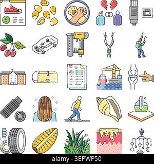 Eine Reihe verschiedener Vektorsymbole, die eine Vielzahl von Konzepten wie E-Commerce, Lebensmittel, Beziehungen, Technologie, Natur, Bauwesen, Bildung, Stock Vektor