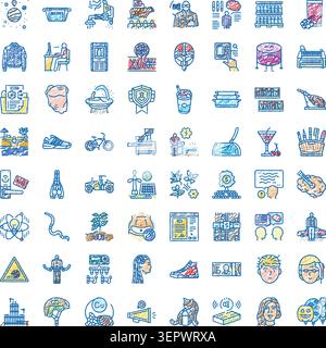 Sammlung farbenfroher handgezeichneter Symbole, die verschiedene Konzepte, Symbole und Elemente illustrieren und eine Vielzahl von Themen von Technologie und präsentieren Stock Vektor