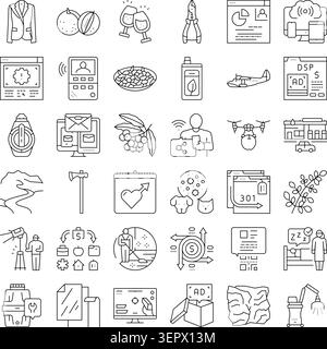 Satz verschiedener Liniensymbole, die Konzepte in Bezug auf digitales Marketing, E-Commerce, Lebensmittel und Getränke, Natur, Werkzeuge, Gesundheit, Reisen und Alltag Stock Vektor