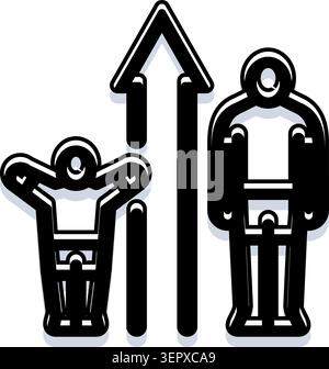 Zwei abstrakte menschliche Figuren, die das persönliche Wachstum, die Entwicklung und den Fortschritt im Laufe der Zeit veranschaulichen, mit einem markanten Aufwärtspfeil, der Fortschritt und Fortschritt symbolisiert Stock Vektor
