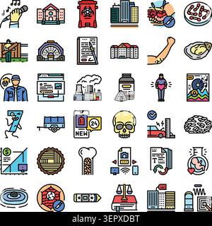 Set von verschiedenen linearen Symbolen mit Farbakzenten, die Themen aus Unterhaltung, Wirtschaft, Industrie, Gesundheit, Wissenschaft, Technologie, Kommunikation, A Stock Vektor