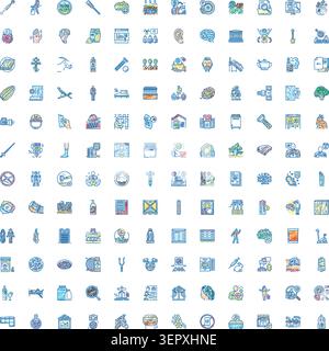 Große Sammlung von verschiedenen Liniensymbolen, die verschiedene Konzepte aus Wirtschaft, Medizin, Technologie, Natur und Lebensmittel veranschaulichen, ideal für Infografiken und Stock Vektor