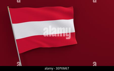 Die Nationalflagge österreichs winkt dezent auf einem Pfosten vor einem passenden roten Hintergrund und symbolisiert nationalen Stolz und Identität Stockfoto