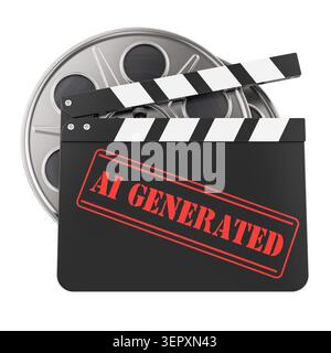 KI-generierter Film, synthetisches Videokonzept mit Klapptafel und Filmrolle. 3D-Rendering isoliert auf weißem Hintergrund Stockfoto