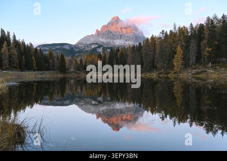 Die drei Zinnen von Lavaredo spiegeln sich in den ruhigen Gewässern des Misurina-Sees während eines ruhigen Herbstabends in den Dolomiten. Spiegelähnliche Berglandschaft umgeben von Nadelwäldern und sanftem alpinen Licht Stockfoto