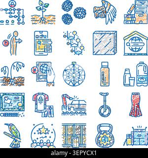 Set aus bunten, handgezeichneten Kritzelsymbolen, die Konzepte aus Biologie, Technologie, Industrie, Logistik und sozialen Themen für vielfältige Informationen veranschaulichen Stock Vektor