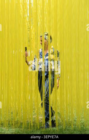 London, Großbritannien. Juni 2026. Im Bild: Besucher interagieren mit „Pénétrable BBL Jaune (1999;2023 Edition)“ von Jesus Rafael Soto in der Serpentine South Gallery, die vom 16. Juni 2026 bis 25. Oktober 2026 stattfindet. Quelle: Justin Ng/Alamy Live News Stockfoto