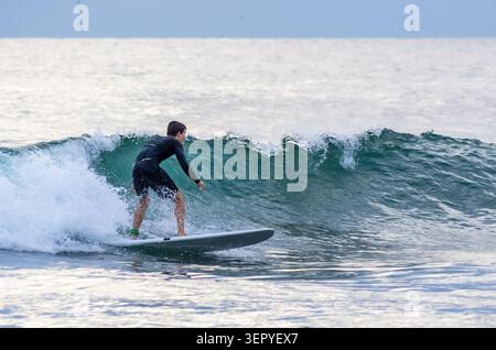 Mirissa, Sri Lanka - 20. Februar 2023: Ein Surfer in einem schwarzen Neoprenanzug reitet auf einem weißen Surfbrett am Mirissa Beach auf einer türkisfarbenen Meereswelle Stockfoto