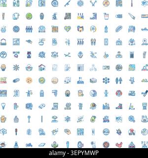 Vielfältige Sammlung von handgezeichneten blauen und gelben skizzenhaften Linien-Icons, die verschiedene Themen von Business und Gesundheitswesen bis hin zu Reisen und Alltagsaktivitäten illustrieren Stock Vektor