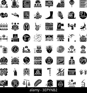 Große Sammlung verschiedener monochromer Glyphicons, die verschiedene Konzepte, Objekte und Aktivitäten für Unternehmen, Technologie, Lifestyle und Hea darstellen Stock Vektor