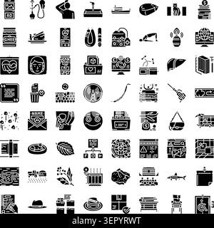 Große Sammlung verschiedener monochromer Glyphicons, die verschiedene Konzepte für Unternehmen, Technologie, Kommunikation, Lebensmittel und Alltagsgegenstände darstellen Stock Vektor