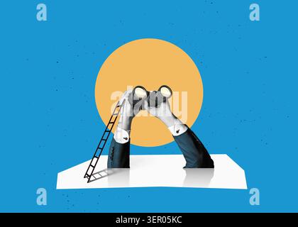 Hände, die ein Fernglas halten, isoliert vor einem flachen Hintergrund. Geschäftsanalysen und strategisches Denken. Stockfoto