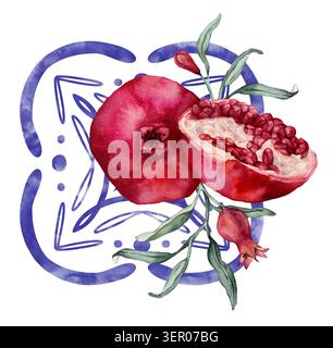 Granatapfelfrucht Aquarellillustration und Keramikfliesen. Blaues Element im mediterranen Stil auf isoliertem Hintergrund für die Kücheneinrichtung Stockfoto