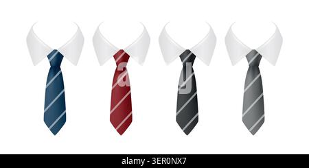 Vektor Krawatte Set mit weißen Kragen Hemden, isoliert. Klassische Herren-Businesskrawattensymbole In Blau, Rot Schwarz Und Grau. Formelles Büro Kleiderordnung Accessoires für Stock Vektor