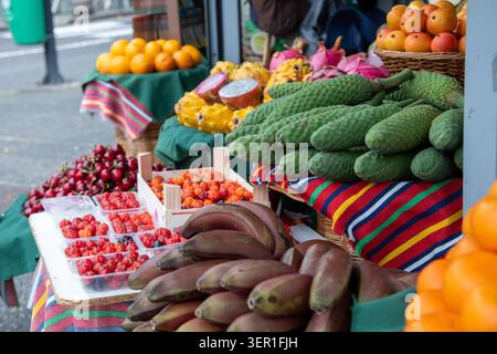 Eine lebhafte Nahaufnahme einer exotischen Obstpräsentation im Freien auf einem traditionellen Markt auf Madeira, Portugal. Der Stand bietet einzigartige regionale Spezialität Stockfoto