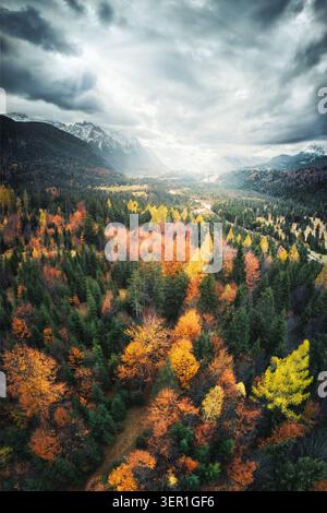 Farbenfroher, malerischer Herbstwald mit dramatisch bewölktem Himmel und Bergen im Hintergrund, Blick aus der Luft Stockfoto