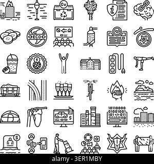 Satz von modernen Liniensymbolen, die Recycling, erneuerbare Energien, Technologie, Gesundheit, Bildung, Verkehr, Stadtentwicklung, Kommunikation und Busi Stock Vektor