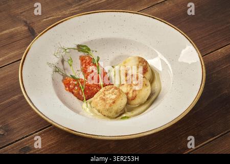Hühnchenkoteletts mit Kartoffelpüree und Gemüsesauce werden auf einem weißen Teller auf einem Holztisch in einem Restaurant serviert Stockfoto