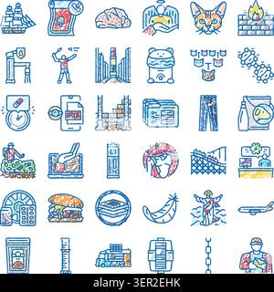Set von bunten handgezeichneten Doodle-Symbolen, die eine breite Palette von Konzepten wie Lifestyle, Reisen, Technologie, Gesundheit und Freizeit veranschaulichen, präsentiert Stock Vektor