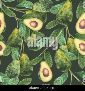 Avocadozweige mit ganzen Früchten, geschnittenen Hälften und grünen Blättern, Samen Aquarell realistisches botanisches nahtloses Muster auf dunkelgrün isoliert Stockfoto