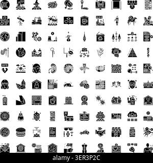 Große Sammlung von verschiedenen monochromen Glyphen-Symbolen, die verschiedene Konzepte repräsentieren, darunter Business, Technologie, Kommunikation, Gesundheit, Essen und dai Stock Vektor