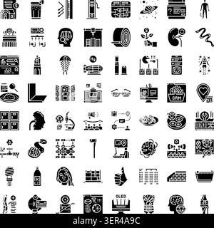 Große Sammlung verschiedener monochromer Glyphicons, die Konzepte aus den Bereichen Wirtschaft, Finanzen, Umwelt, Wissenschaft, Technologie, Medizin, Industrie, A Stock Vektor