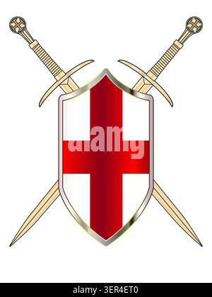 Ein typischer Kreuzritterschild mit dem typischen roten Kreuz mit gekreuzten Breitschwörtern Stockfoto