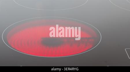 Heißer roter glühender Elektroherdbrenner auf glaskeramischer Kochplatte Stockfoto