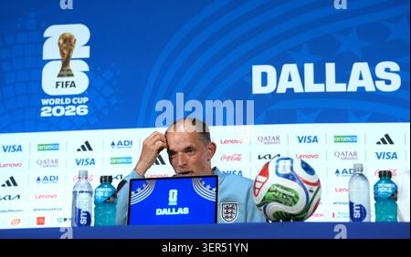 England-Manager Thomas Tuchel während einer Pressekonferenz im Dallas Stadium, Dallas. Bilddatum: Dienstag, 16. Juni 2026. Stockfoto