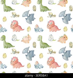 Nahtloses Aquarellmuster mit süßen Baby-Dinosauriern. Handgezeichnete Abbildung Stockfoto