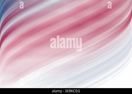 Ein abstrakter Hintergrund mit glatten, geschwungenen Linien in sanften Rosa-, Blau- und Weißtönen, die einen sanften und eleganten Welleneffekt erzeugen. Stockfoto