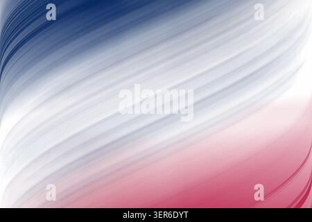 Ein abstrakter Hintergrund mit dynamischen, fließenden diagonalen Wellen in Blau, weiß und Rot, die an ein stilisiertes Flaggendesign erinnern. Stockfoto