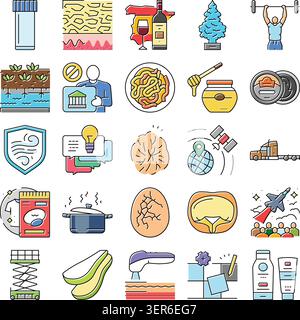 Sammlung von Liniensymbolen, die verschiedene Konzepte wie Ernährung, Wellness, Kommunikation, globale Vernetzung, medizinische Versorgung, und industrielle p Stock Vektor