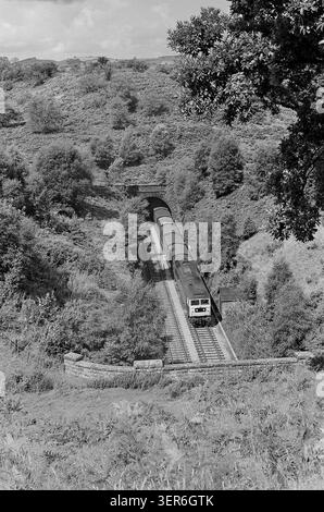 Eine Diesellokomotive BR 47 taucht 1979 mit einem up-Güterzug in die Lücke zwischen den beiden Baron Wood Tunneln auf der Bahnstrecke Siedlung nach Carlisle auf. Stockfoto