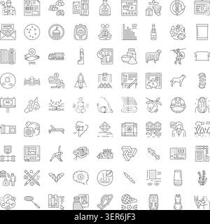 Große Auswahl an verschiedenen linearen Symbolen für Unternehmen, Technologie, Finanzen, Natur und Kultur in einem einfachen monochromen Stil, geeignet für Webdesign und Anwendungen Stock Vektor