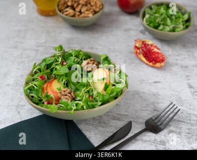 Gesundes Essen mit Lammsalat, Apfelscheiben und Granatapfelkernen in einem frischen Salat der Saison Stockfoto