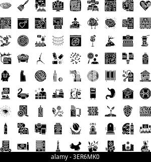 Große Sammlung von verschiedenen monochromen Glyphen-Symbolen, die verschiedene Konzepte darstellen, darunter Finanzen, Handel, Lebensmittel, Design, Objekte, und Gesundheitsfürsorge für Stock Vektor