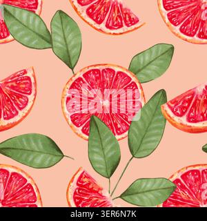 Nahtloser Hintergrund von Grapefruitscheiben mit Blättern. Aquarellabbildung. Scheiben von roten Zitrusfrüchten. Handgezeichnete isolierte Kunst. Hintergrundbild Stockfoto