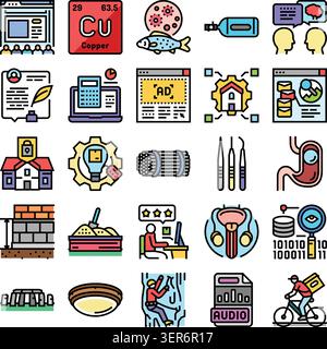 Eine Reihe von farbenfrohen Symbolen, die verschiedene Bereiche repräsentieren, darunter digitales Marketing, Bauwesen, Medizin, Bildung und Bereitstellungsdienste, illust Stock Vektor