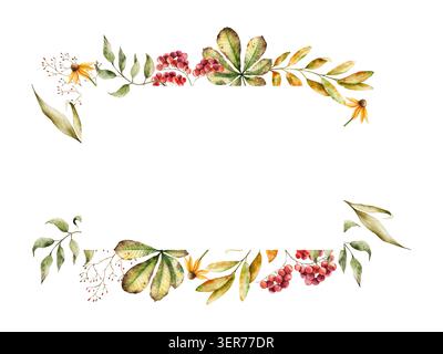 Aquarellrahmen, Logo, Vorlage mit einem Haufen vogelbeeren, herbstliche trockene Blätter. Botanische handgezeichnete Illustration isoliert auf Hintergrund. Ideal für Stockfoto